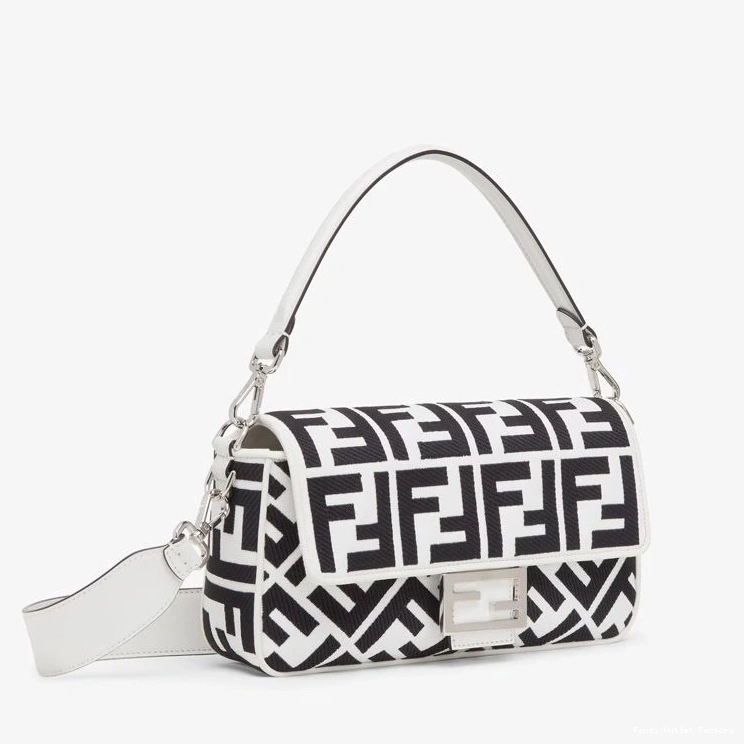 Affordable HOT FF Baguette Black White Fendi Medium Bag In Motif Canvas 0822